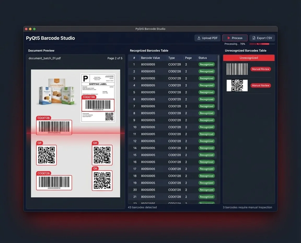 AI barcode automation reading barcodes and QR codes from a multi-page PDF into a recognised barcodes table, with unreadable codes flagged for manual review