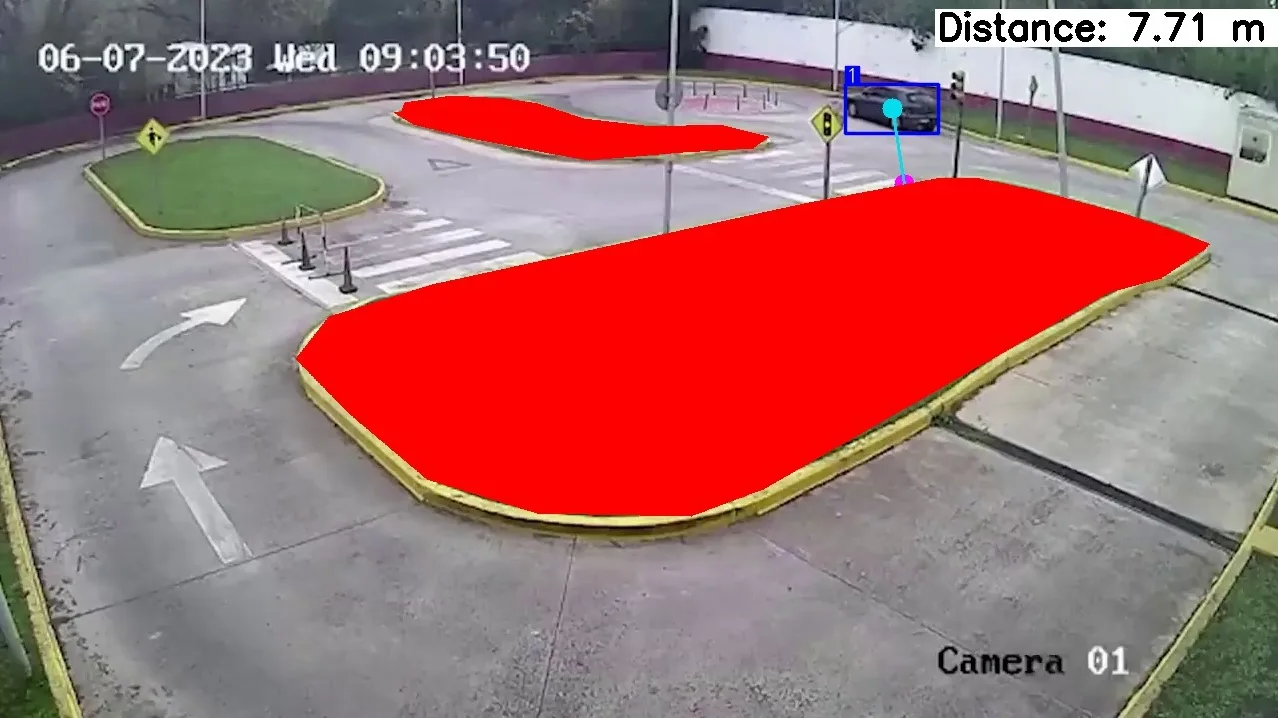 AI driving test monitoring on CCTV measuring live distance between the test vehicle and restricted kerb zones