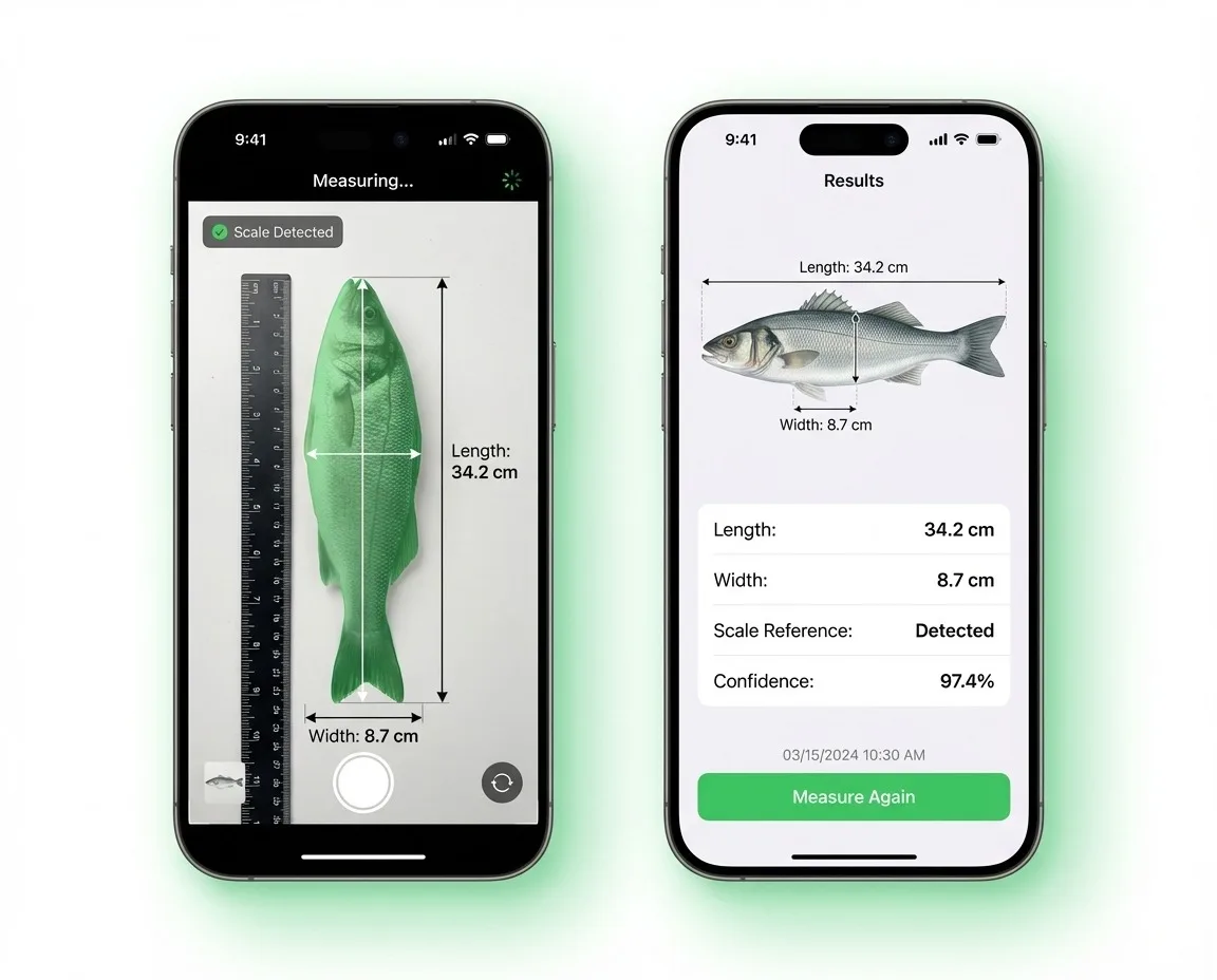 AI fish measurement app showing automatic length and width measurement of a fish with a detected scale reference