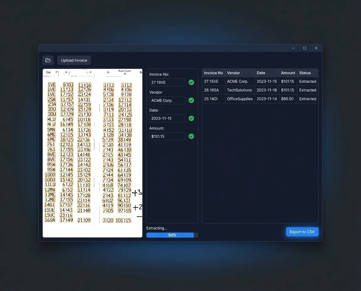 AI invoice automation extracting invoice number, vendor, date and amount from scanned invoices into a table for CSV export