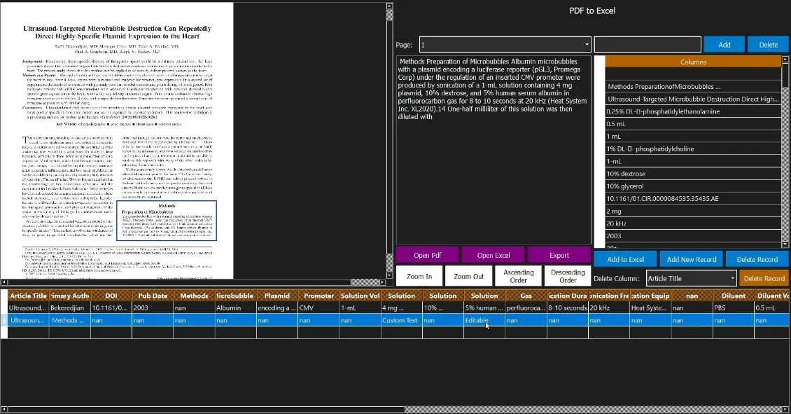 AI research paper extraction tool turning a scientific PDF into structured Excel columns for systematic review