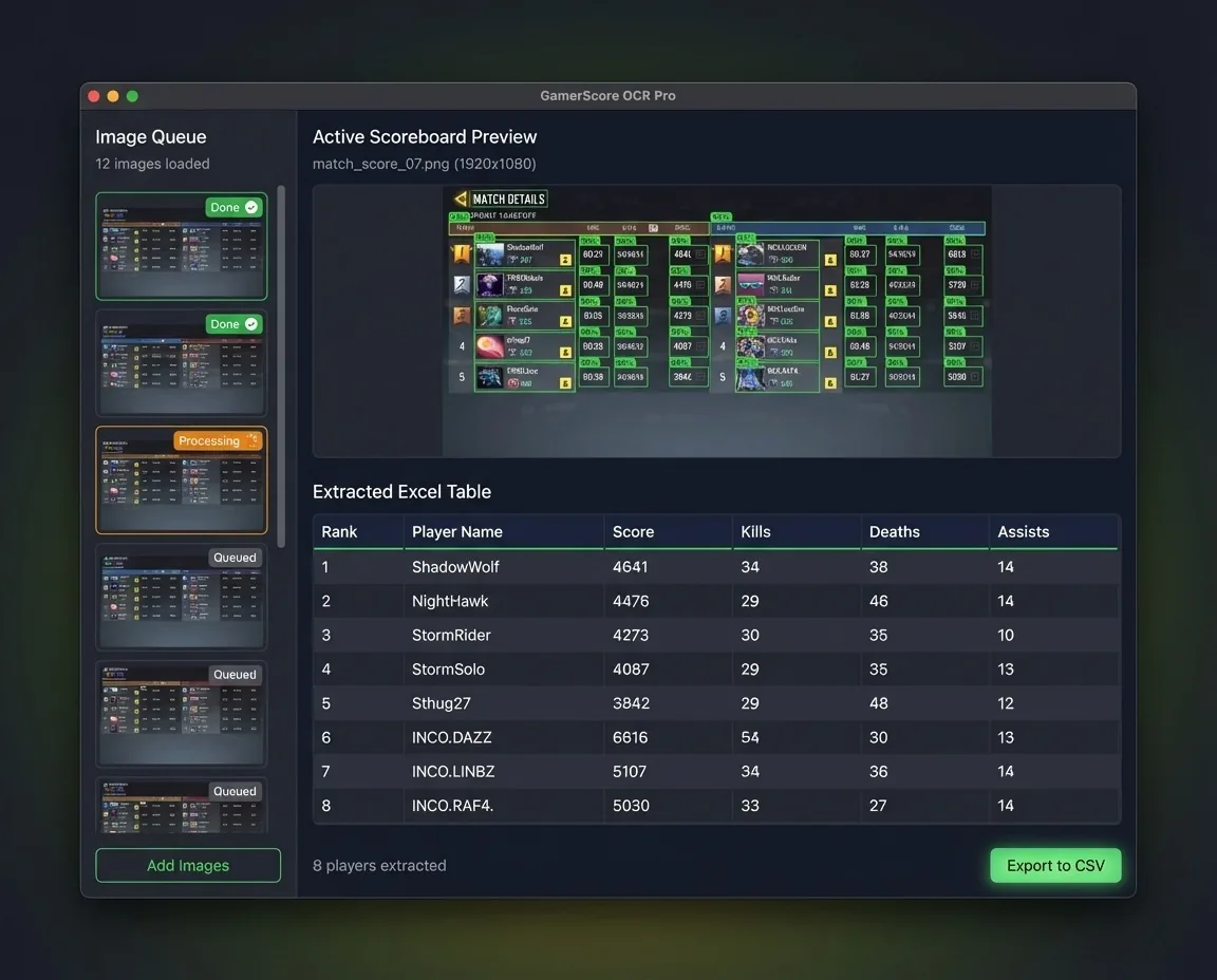 AI scoreboard extraction turning a queue of match scoreboard screenshots into an Excel table of player names, scores, kills, deaths and assists