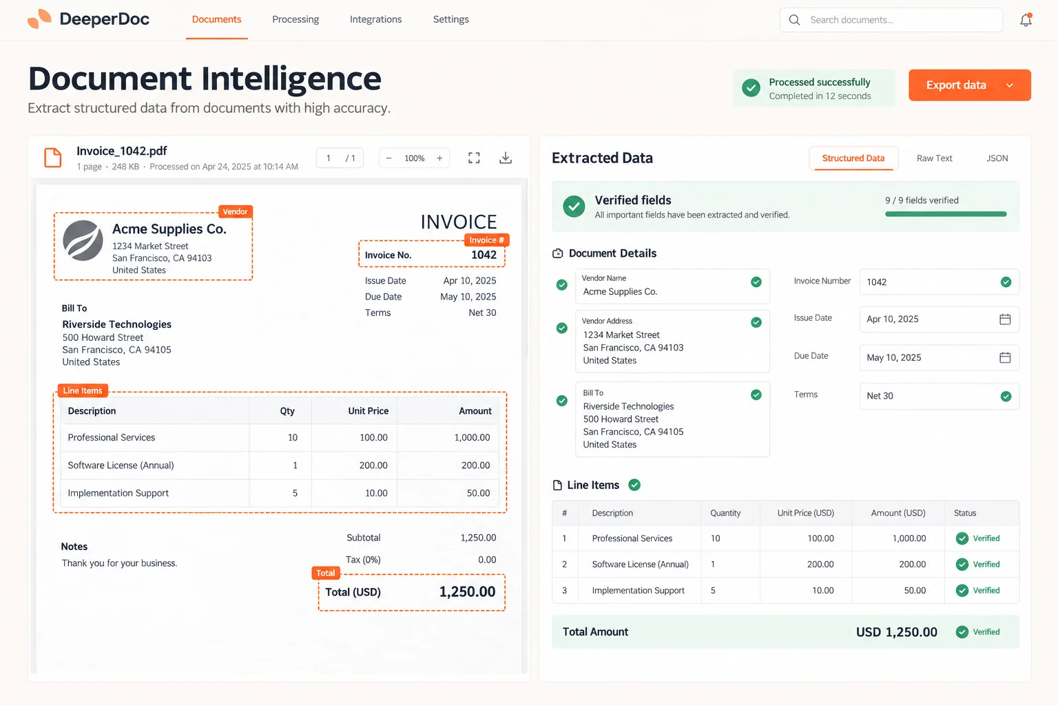 Invoice fields detected and converted to verified structured data