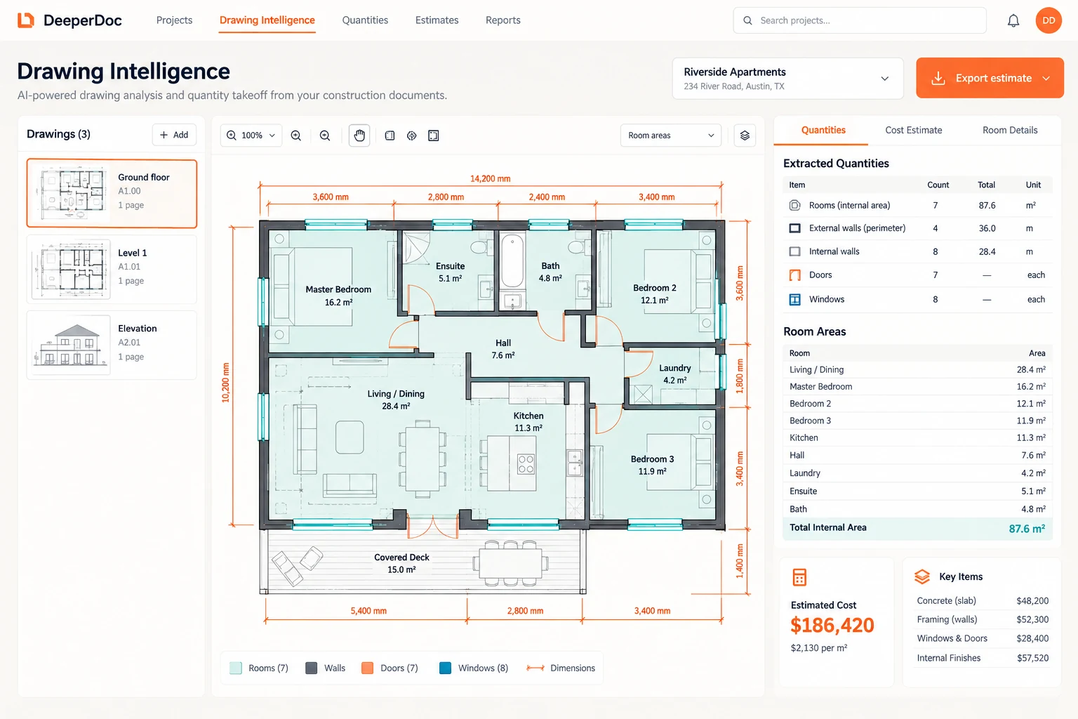 Architectural analysis software identifying rooms, dimensions and quantities