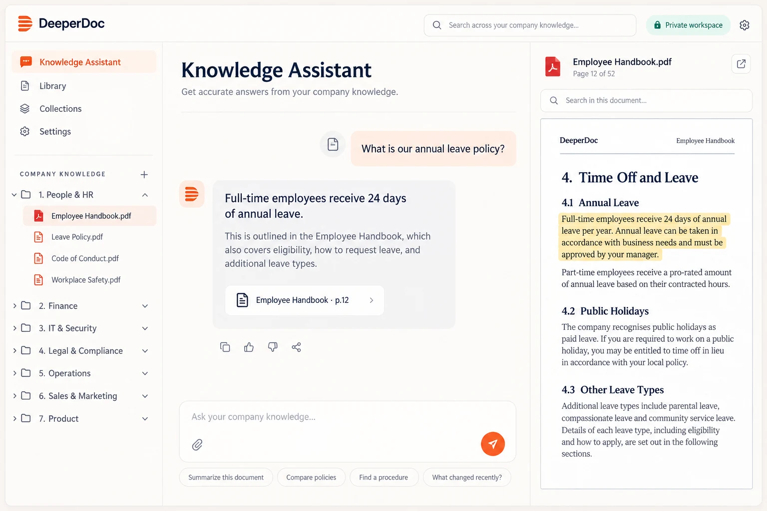 Private chatbot answering a policy question with a source citation